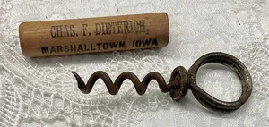 Vintage Charles Dieterich Marshalltown, Iowa Souvenir Corkscrew & Wooden Holder - Picture 1 of 4