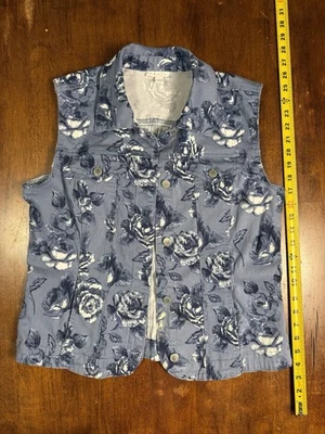 Charter Club Chaleco Denim Floral Azul Rosa Estampado Chaqueta Sin Mangas Talla L 24” Largo Foto 1 de 4