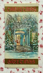 Tarjeta de felicitación de bienvenida a casa nevada vintage dorada en relieve “¡Saludos de Navidad!” - Imagen 1 de 5