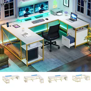 79" LED U Shaped Computer Desk with File Drawer & Power Outlets Home Office Desk - Picture 1 of 10