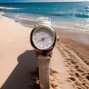 bonjour stainless Ladies Watch Quartz Vintage, Leather White Band, Stainless Stl - Picture 1 of 2