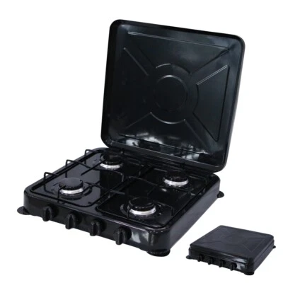 Gaskocher mit Deckel 4 flammig Kochfeld Camping Herd Outdoor Schwarz Metall - Bild 1 von 4