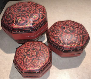 Asian Inspired Lacquered PAINTED OCTAGONAL NESTING BOXES Set Of 3 Wood/Composite - Picture 1 of 11