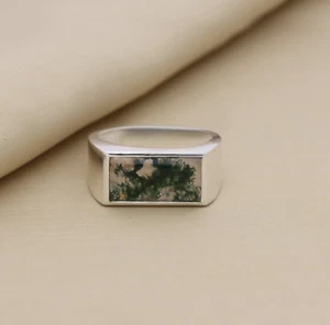 Men’s Moss Agate Ring Sterling Silver Rectangular Signet Statement - Picture 1 of 9