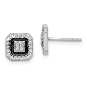8mm Sterling Silver Black Enamel & Pave CZ Square Halo Post Earrings - Picture 1 of 4