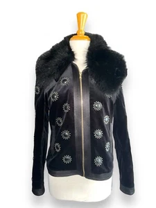 ROBERTO CAVALLI Fur Collar Velvet Jacket Black w Leather/Bead Dots sz 46 US 10/L - Picture 1 of 10
