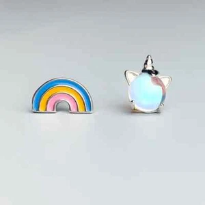935 Silver With Stylish Unicorn & Rainbow Design Party Wear Woman Stud Earrings - Picture 1 of 8