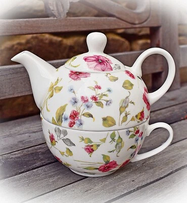❀ Tea for One Teekanne Tasse Kaffee Kanne Clayre Eef Streublumen Grün Rosa 403C - Bild 1 von 4