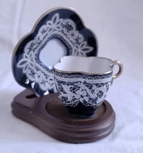 Vintage Possiky Porcelain Venetian Burano Cobalt Blue Wave Lace Cup+Saucer 1890s - Picture 1 of 7