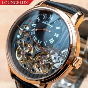 Mens Double Flywheel Leather Luxury Bling Skeleton Automatic Mechanical Watch - Picture 1 of 12