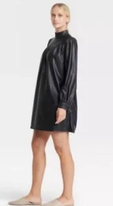 Who What Wear Women's Long Sleeve Black Faux Leather A-Line Dress - Size XL - Afbeelding 1 van 9