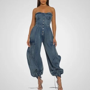 Damen Denim Trägerloser Overall Jumpsuit Gr. M Relaxed Blau Weites Bein Kordelzug - Bild 1 von 16