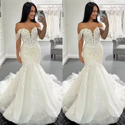 Mermaid Wedding Dresses Off The Shoulder Sweep Train Lace Applique Bridal Gowns - Image 1 of 4