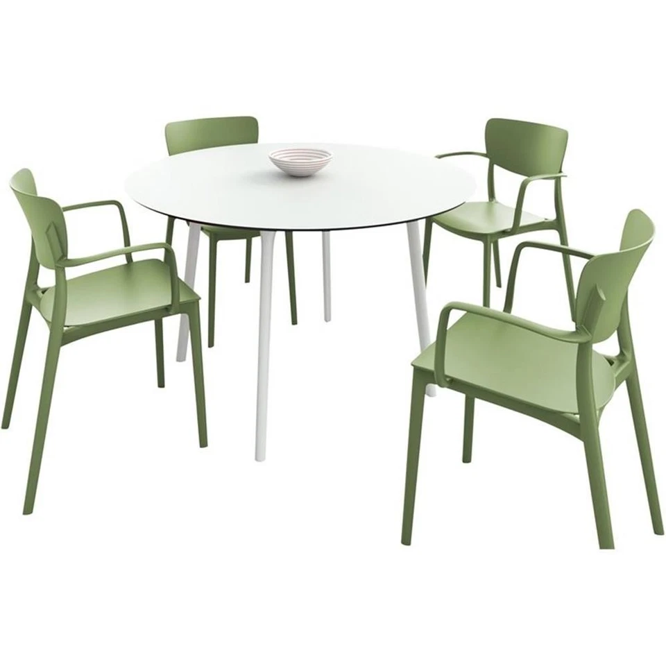 Lisa Round Dining Set with 47 inch White Table and Olive Green Armcairs - Image 1 of 4