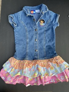 Vintage Dora The Explorer 4T bestickt Denim Rüschen rosa Blumen Kleid - Bild 1 von 8