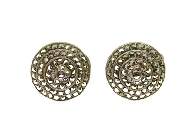 Pair of Sterling Silver Marcasite Domed Screw Back Earrings Vintage c1970 - Image 1 of 4