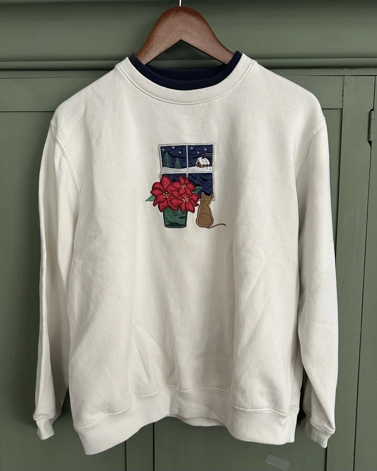 Moletom de Natal vintage gatinhos gato suéter tamanho M bordado Poinsetta - Imagem 1 de 4