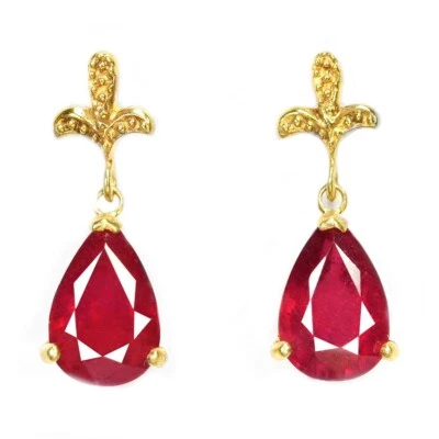 925 STERLING SILVER NATURAL PIGEON BLOOD RED RUBY PEAR 11X8 MM.  DROP EARRING - Image 1 of 4
