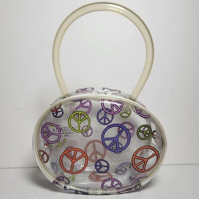 Vintage 90s Y2K Clear Mini Purse PVC Multicolor Peace Signs Hippie Boho Handbag - Image 1 of 4