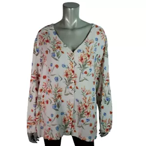 Cherokee Tops Plus Size 24 Linen Tie Waist Floral Long Sleeve V-Neck Multicolor - Picture 1 of 7