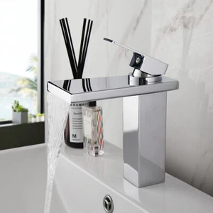 Bathroom Waterfall Spout Basin Sink Faucet Mixer Tap 1Handle Deck Mount Chrome - Picture 1 of 10