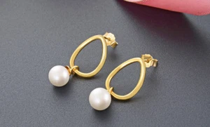 Pendientes B22 anillo dorado con perla plata de ley 925 - Imagen 1 de 4