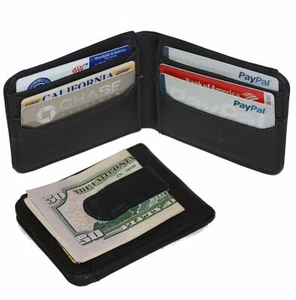 BLACK MENS LEATHER MONEY CLIP Bifold Wallet ID Cards Slim Front Pocket New - Picture 1 of 6