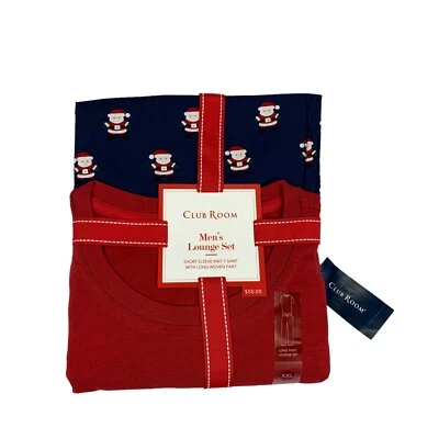 Club Room Mens 2-Piece Solid Top & Santa Bottom Pajamas Navy Red 2XL - Image 1 of 4
