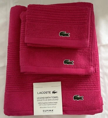 Lacoste Bathroom Towel 3 Pc Set 100% Supima Cotton Loops Bath Hand Face Magenta - Image 1 of 4