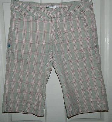 VOLCOM juniors Khaki Olive Pink Blue Plaid Bermuda Shorts* 1 - Image 1 of 3