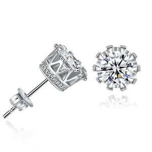 925 Sterling Silver Small Crown Women Men CZ Crystal Solitaire Stud Earrings - Picture 1 of 4