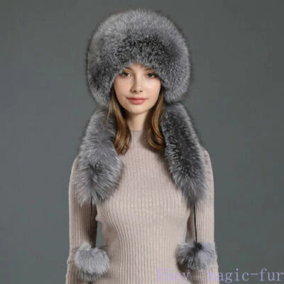 Sombrero de piel de zorro real cubierta completa Shapka Ushanka gorra rusa 2 tiras calentador de cuello Foto 1 de 4