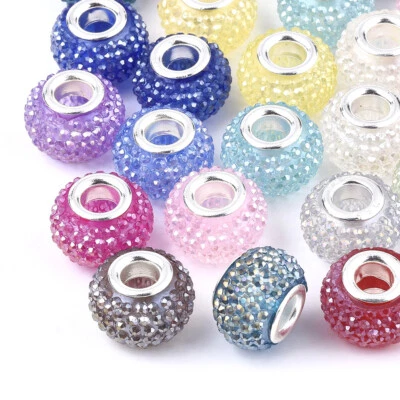 100pcs Resin Rhinestone European Large Hole Rondelle Beads Loose Spacer 14x10mm - Image 1 of 3