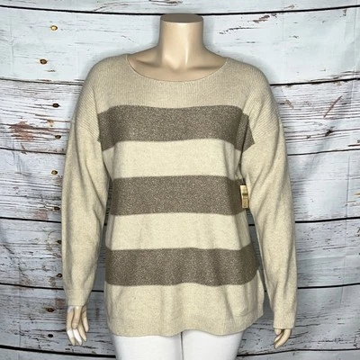 Suéter Coldwater Creek novo com etiquetas tamanho 2X 20-22 cáqui listra cintilante mistura lã/cashmere - Imagem 1 de 4