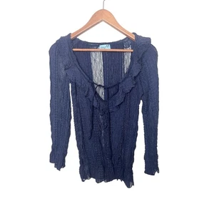 Letarte Blue Lace Ruffles Sheer Handmade Tie Front Top Size Medium - Picture 1 of 11