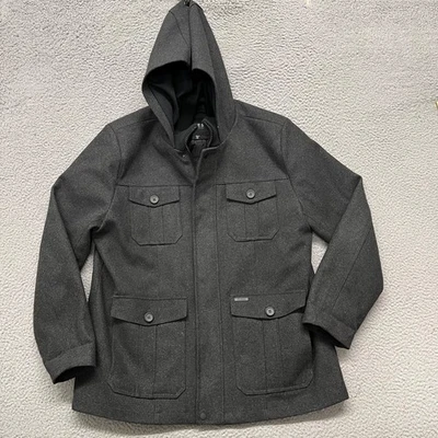 Guess Wool Coat Mens XXL Gray Peacoat Hooded Heavyweight Preppy Classic - Image 1 of 4