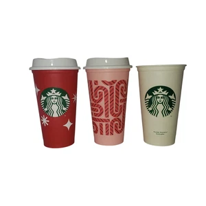 Starbucks Reusable Holiday Cups Set of 3 16oz Red Pink White Lids Eco Friendly - Picture 1 of 5