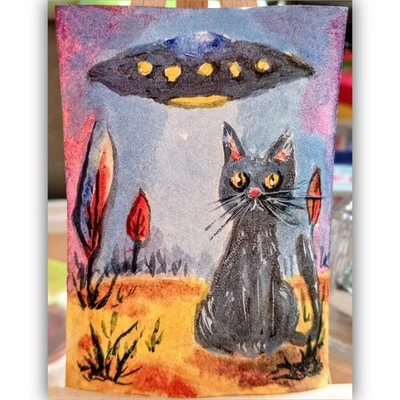 ACEO ORIGINAL UFO platillo abducción de un gato negro Tabby acuarela mapa Foto 1 de 2