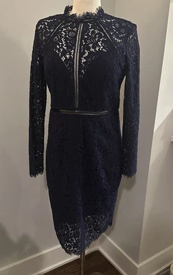 NWT Bardot Women’s Size 10 Navy Blue Lace Panel Long Sleeve Dress Romantic Chic - Image 1 of 4