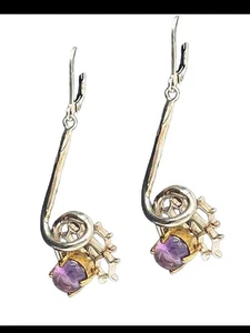 PENDIENTES COLGANTES PLATA ESTERLINA Y ORO AMATISTA MORADA 2" - Imagen 1 de 6