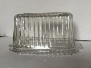 Vintage Butter Dish W/ Lid Old Fashion Butter Tall  Lid  Ribbed Glass 30/40s - Picture 1 of 12
