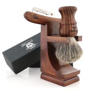 3 Pc Wooden Shaving Kit Professional Cut Throat Razor Badger Shaving Brush Stand - Picture 1 of 8