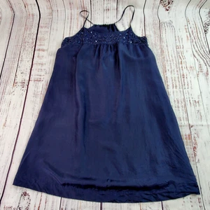 EILEEN FISHER Habutai Racerback Cami Dress Small Navy Blue Sequined Silk Beaded - Picture 1 of 18
