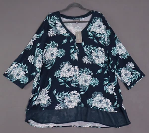 NEW Autograph Top Plus Size 26 Blue Teal Floral Tunic Blouse Jersey Chiffon Trim - Picture 1 of 14