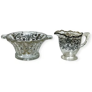 Vintage glass creamer jug and sugar bowl set silver overlay floral design victor - Picture 1 of 6