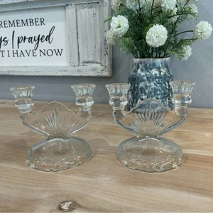 SET Jeanette Glas Sunburst Fischgrät Doppel Kerzenständer Vintage Paar klar - Bild 1 von 6