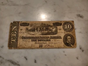 1864 B Confederate States Of America $10 Bill - Picture 1 of 6