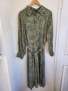 M&S Shirt Dress Ladies Size 20 Green Black Animal Leopard Print Midi Casual - Picture 1 of 12