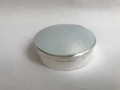 Antique English H.M Sterling Silver Guilloche Enamel Powder Trinket Box, 50g Cover