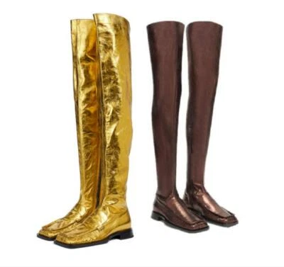 Botas de montar para mujer punta cuadrada tacón bajo cuero PU sobre la rodilla hasta el muslo 43 L Foto 1 de 4